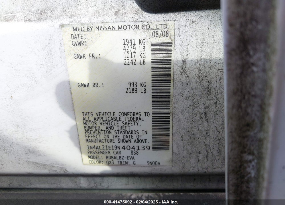 2009 NISSAN ALTIMA 2.5 S VIN: 1N4AL21E19N404139