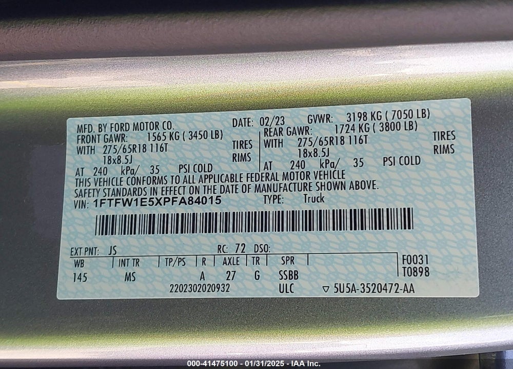2023 FORD F150 VIN: 1FTFW1E5XPFA84015