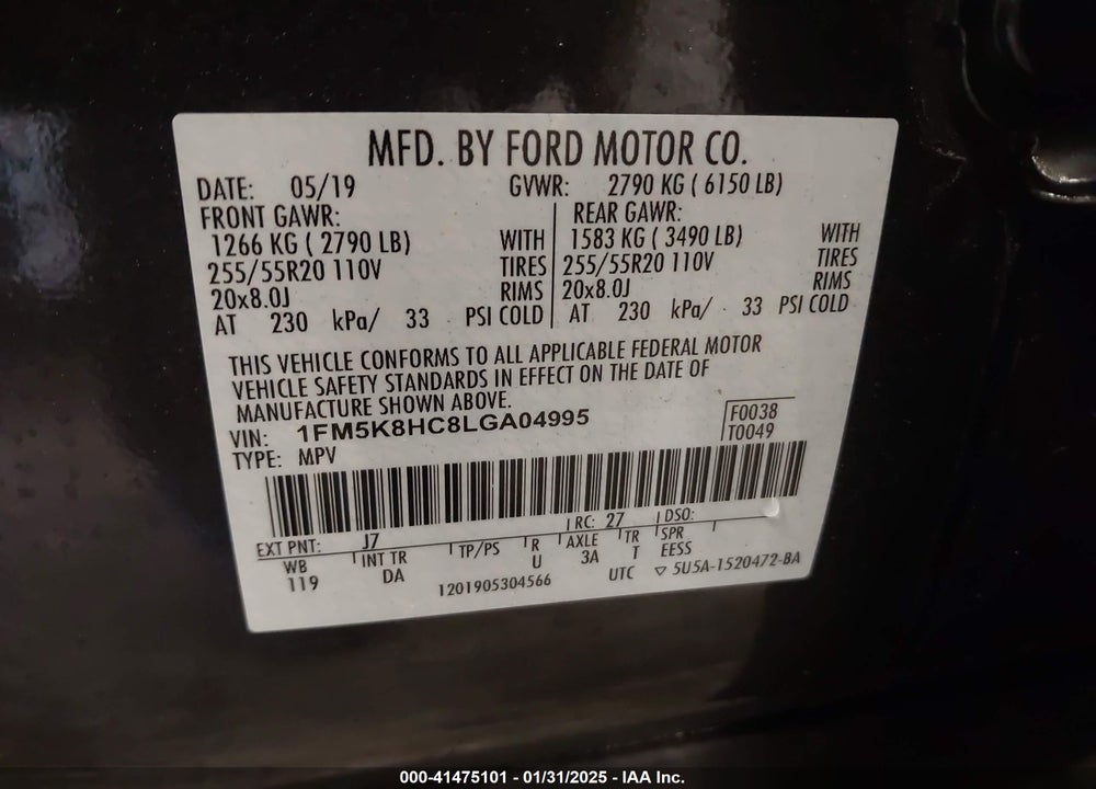 2020 FORD EXPLORER PLATINUM VIN: 1FM5K8HC8LGA04995