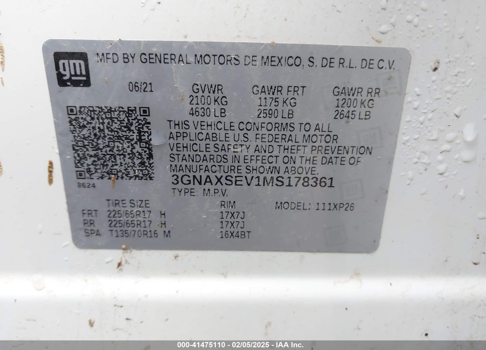 2021 CHEVROLET EQUINOX VIN: 3GNAXSEV1MS178361
