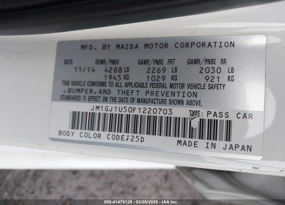 2015 MAZDA MAZDA6 VIN: JM1GJ1U50F1220703