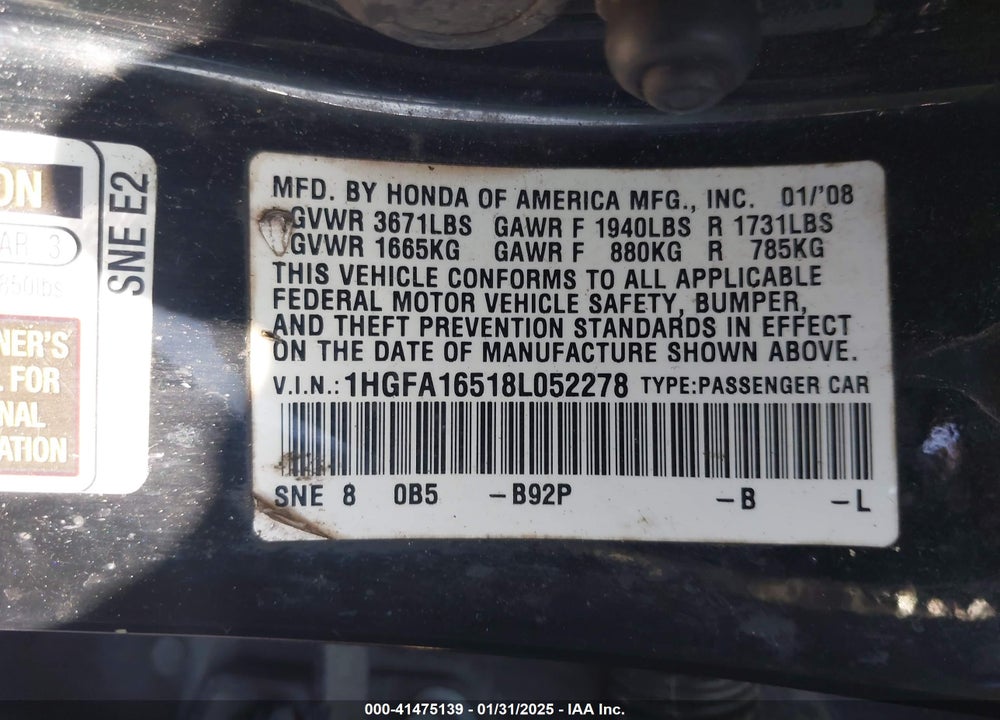 2008 HONDA CIVIC VIN: 1HGFA16518L052278