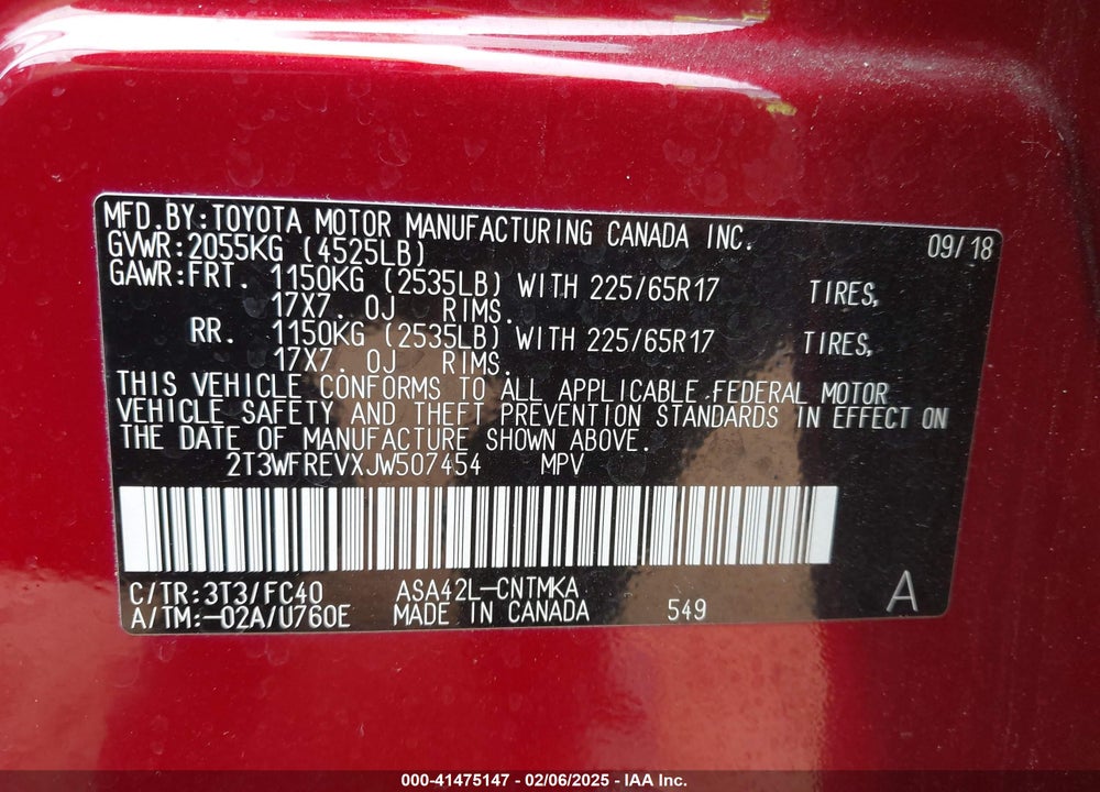 2018 TOYOTA RAV4 ADVENTURE/XLE VIN: 2T3WFREVXJW507454