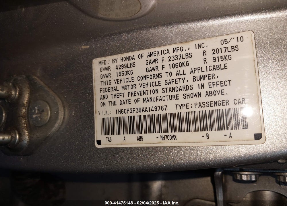 2010 HONDA ACCORD 2.4 LX VIN: 1HGCP2F39AA149767