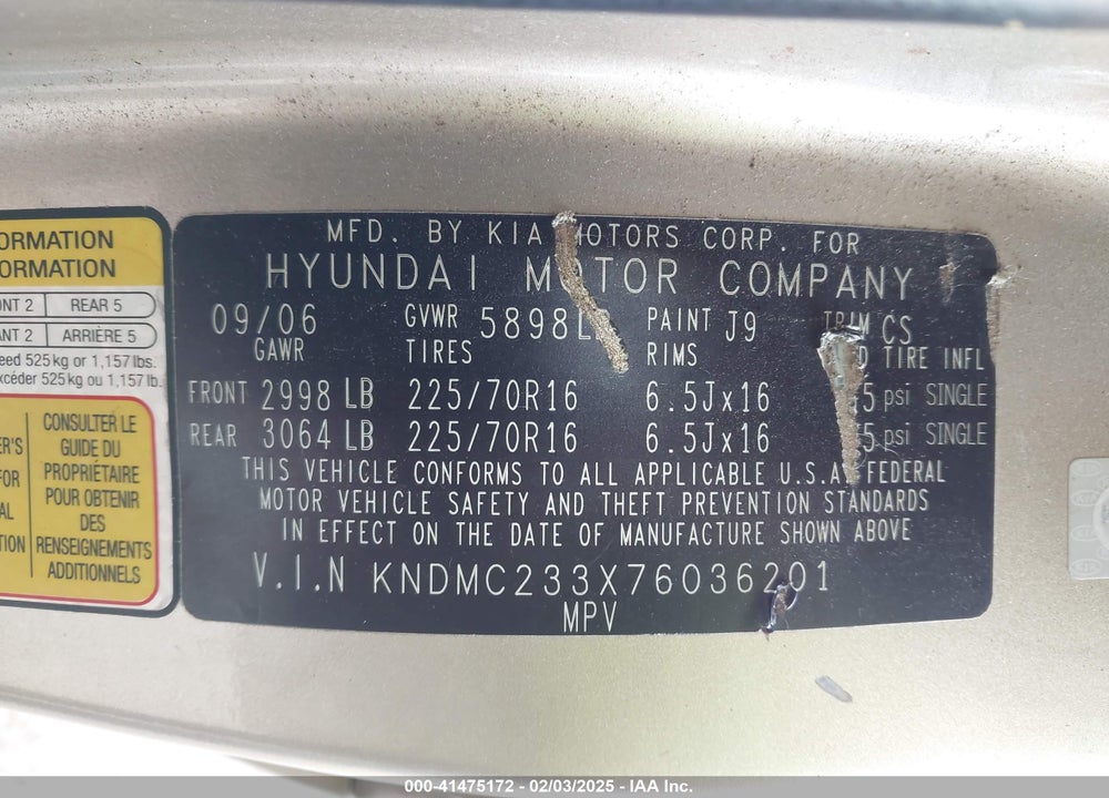 2007 HYUNDAI ENTOURAGE GLS/LIMITED/SE VIN: KNDMC233X76036201