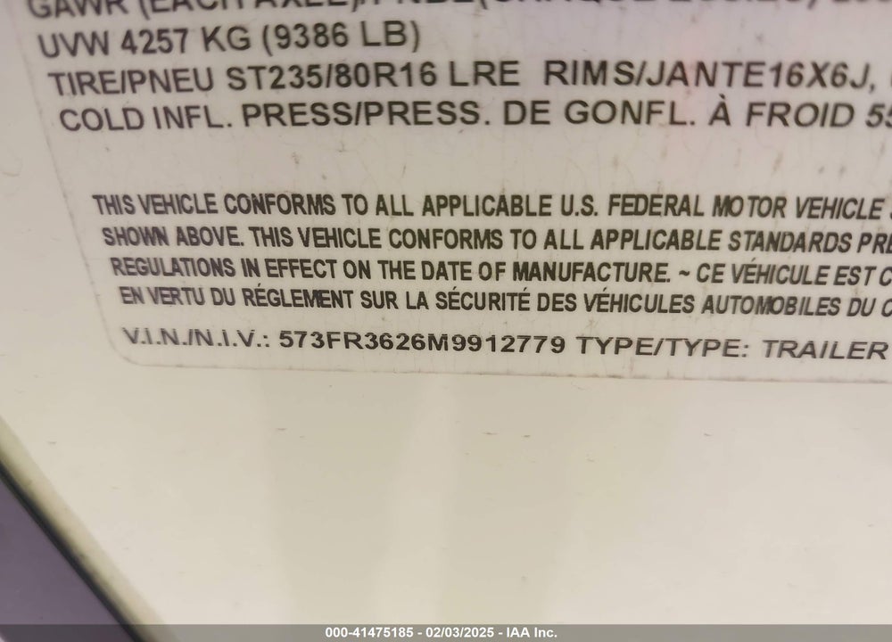 2021 GRAND DESIGN TRAVEL TRLR VIN: 573FR3626M9912779