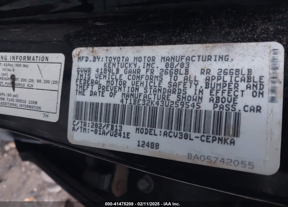 2003 TOYOTA CAMRY LE VIN: 4T1BE32K43U259545