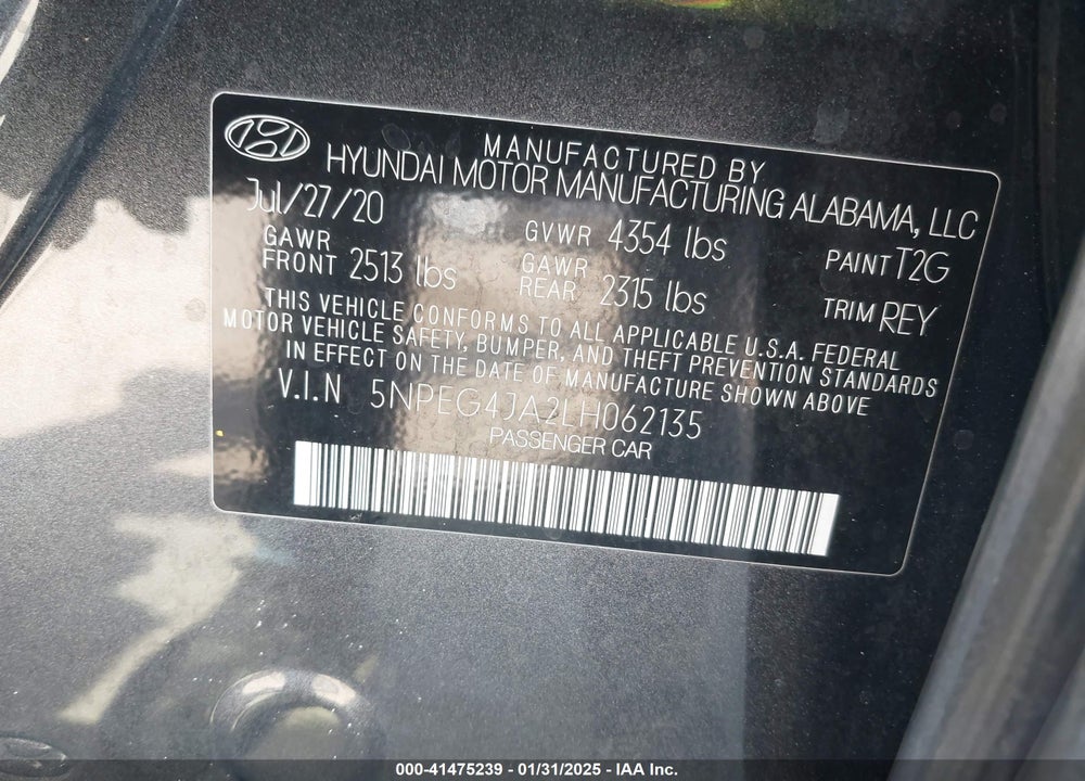 2020 HYUNDAI SONATA SE VIN: 5NPEG4JA2LH062135
