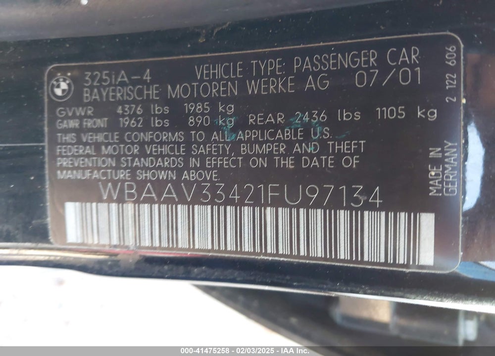 2001 BMW 325I VIN: WBAAV33421FU97134