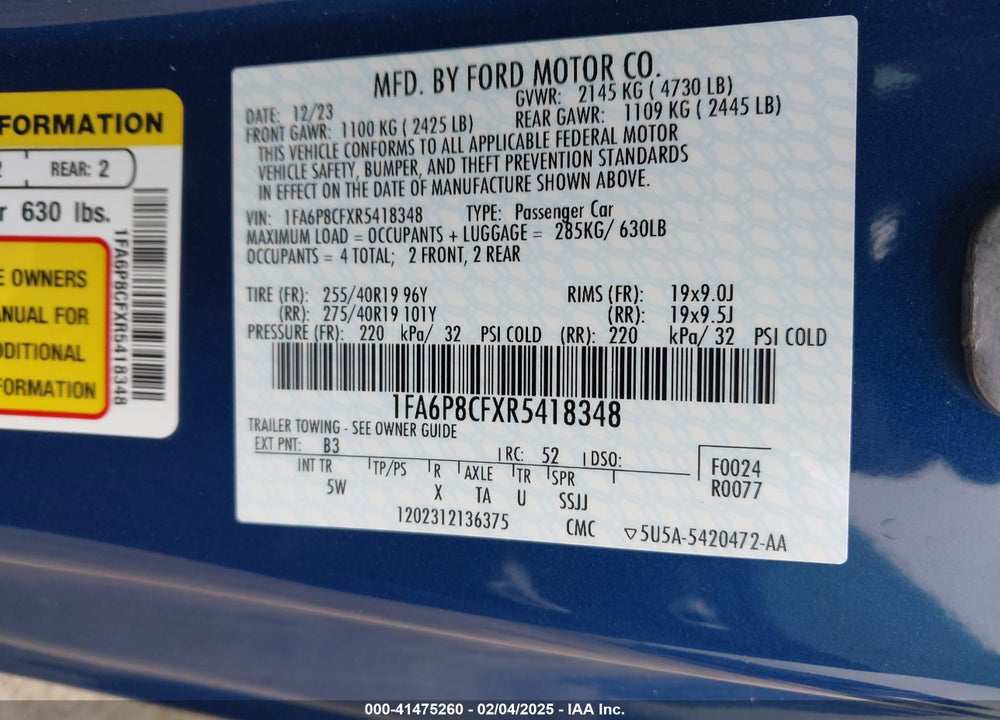 2024 FORD MUSTANG GT PREMIUM FASTBACK VIN: 1FA6P8CFXR5418348