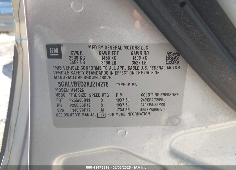 2010 BUICK ENCLAVE VIN: 5GALVBED2AJ214278