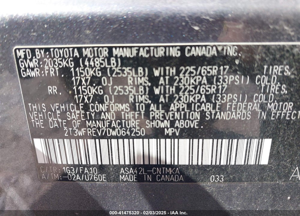 2013 TOYOTA RAV4 XLE VIN: 2T3WFREV7DW064250