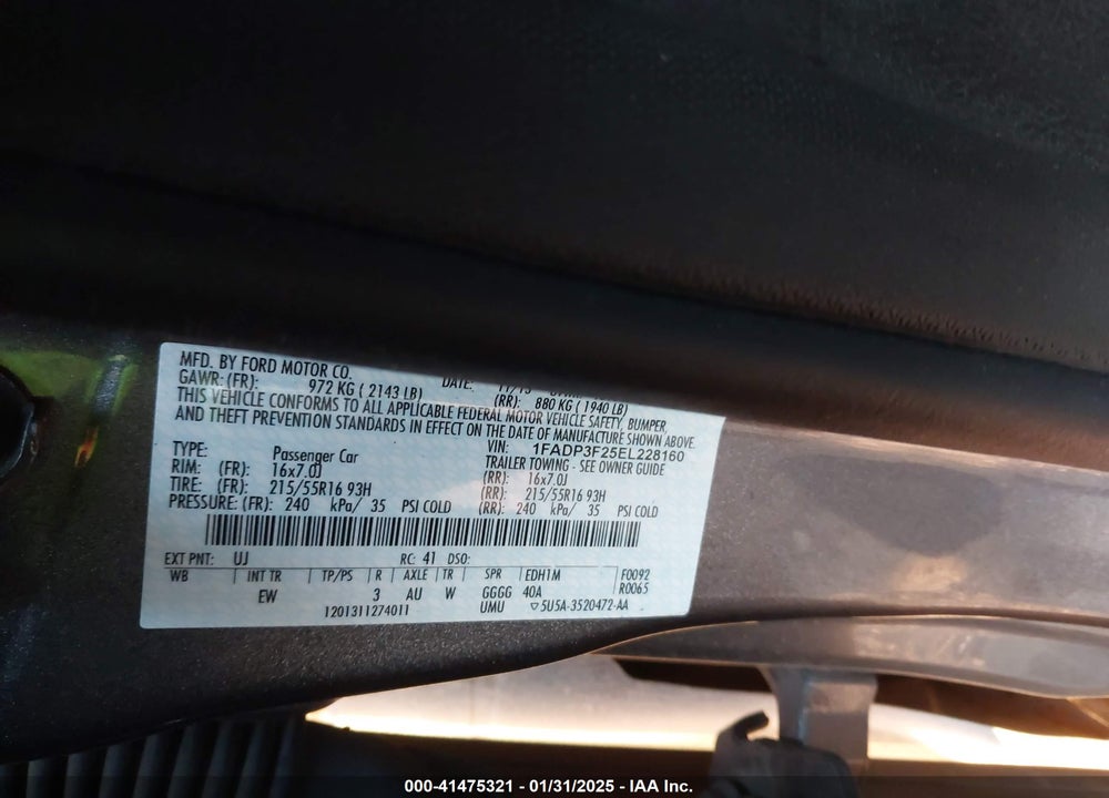 2014 FORD FOCUS SE VIN: 1FADP3F25EL228160