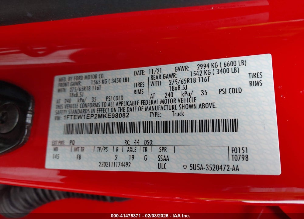 2021 FORD F-150 VIN: 1FTEW1EP2MKE98082