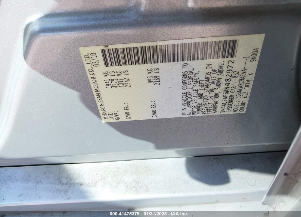 2010 NISSAN ALTIMA VIN: 1N4AL2AP6AN482972