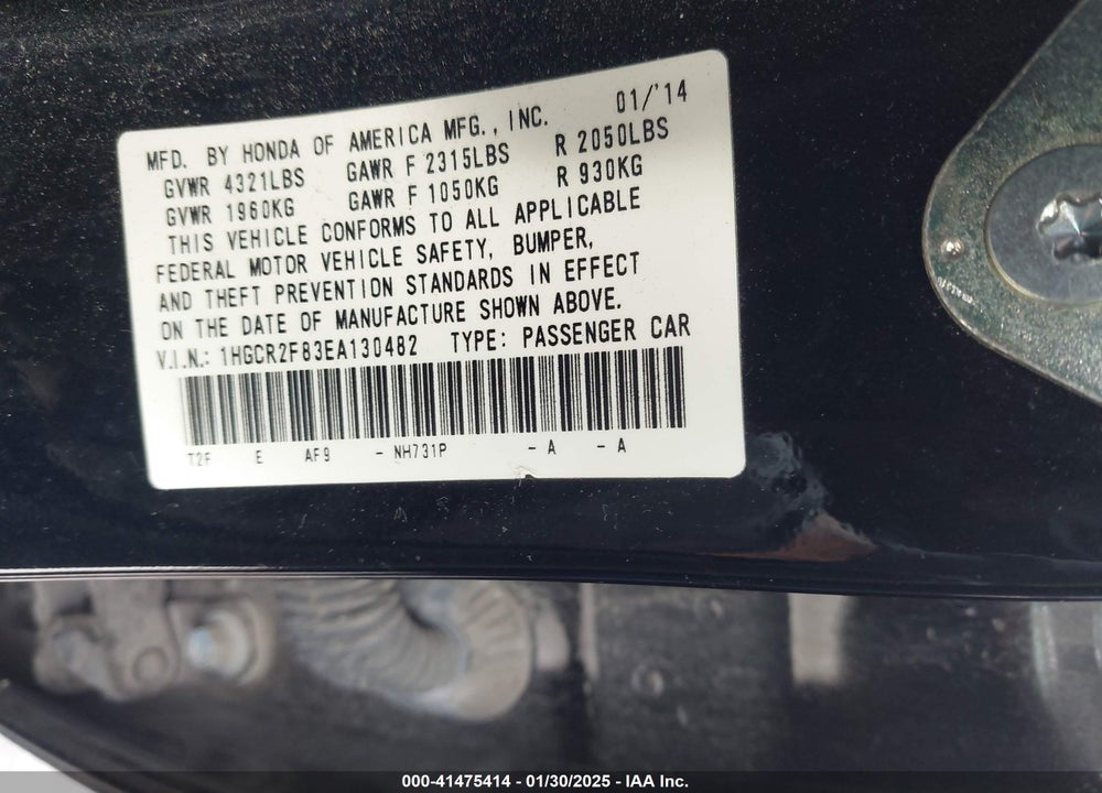 2014 HONDA ACCORD VIN: 1HGCR2F83EA130482