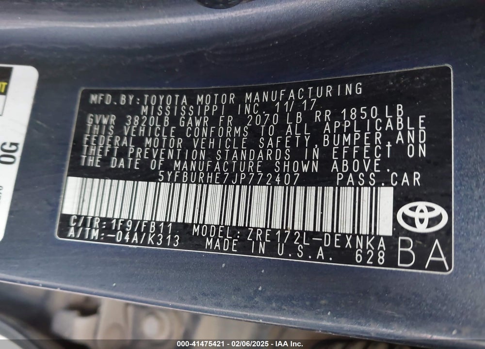 2018 TOYOTA COROLLA VIN: 5YFBURHE7JP772407