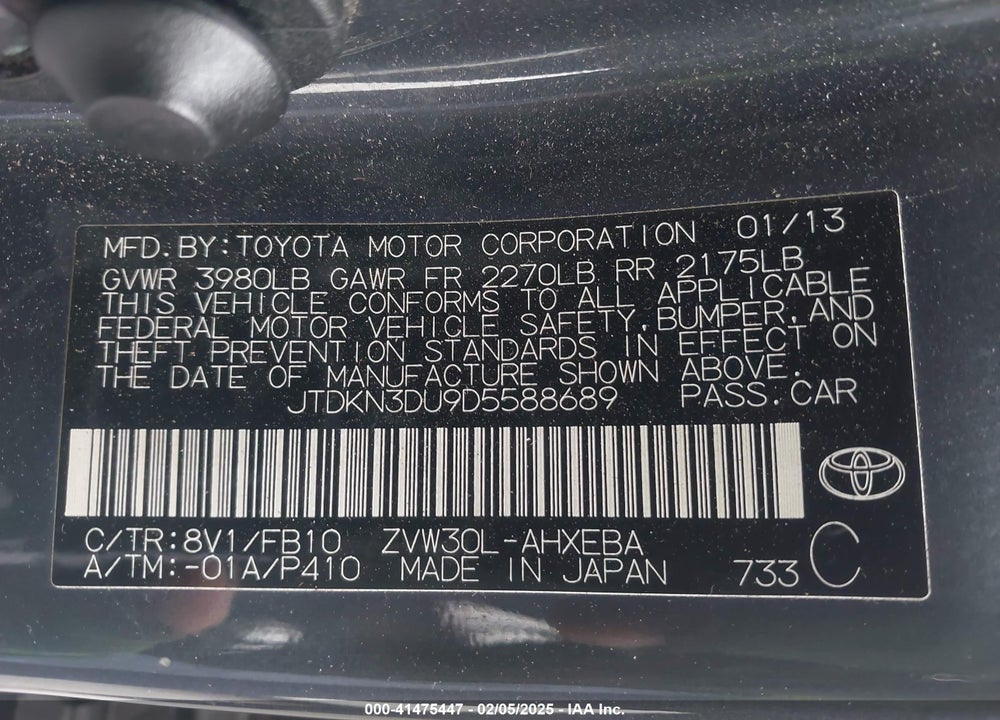 2013 TOYOTA PRIUS VIN: JTDKN3DU9D5588689