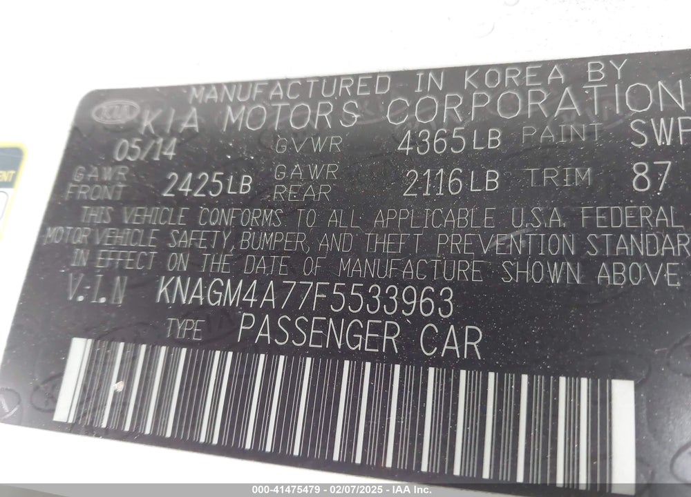2015 KIA OPTIMA VIN: KNAGM4A77F5533963
