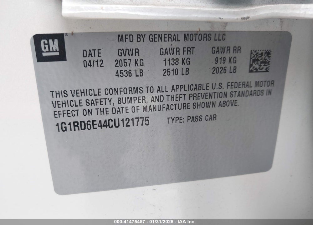 2012 CHEVROLET VOLT VIN: 1G1RD6E44CU121775
