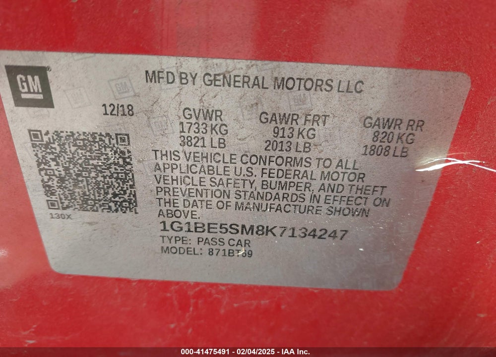 2019 CHEVROLET CRUZE VIN: 1G1BE5SM8K7134247