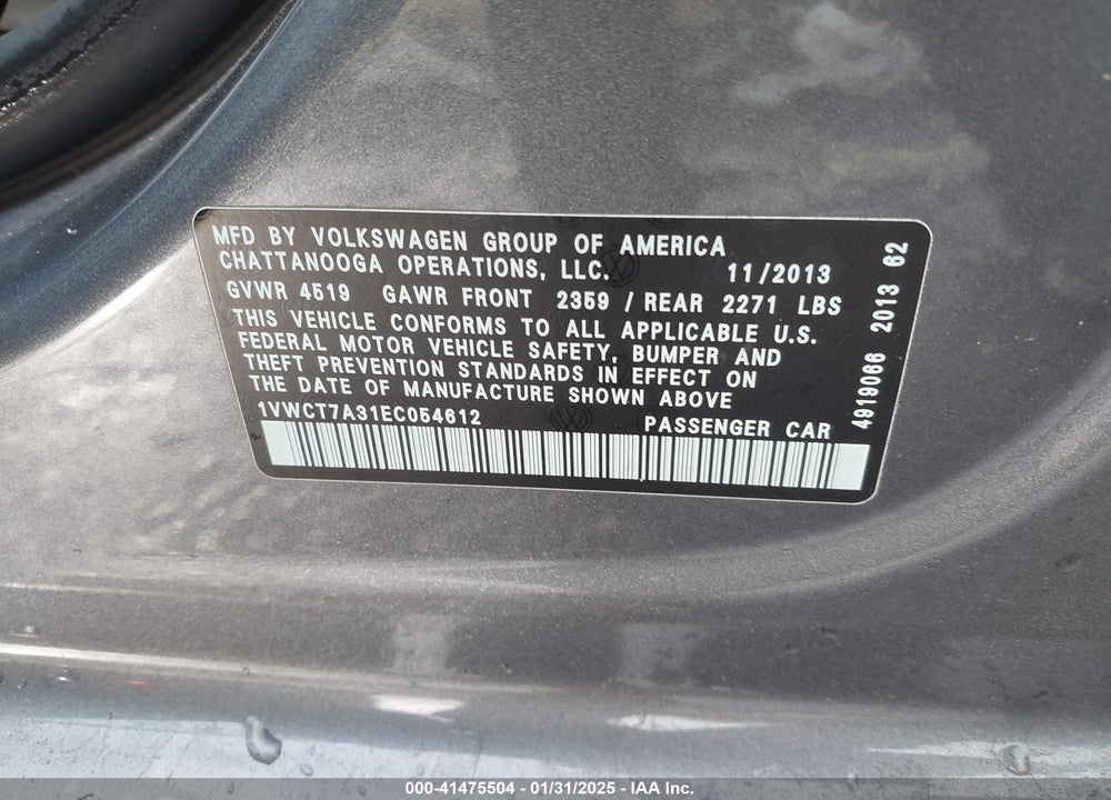 2014 VOLKSWAGEN PASSAT 1.8T SEL PREMIUM VIN: 1VWCT7A31EC054612