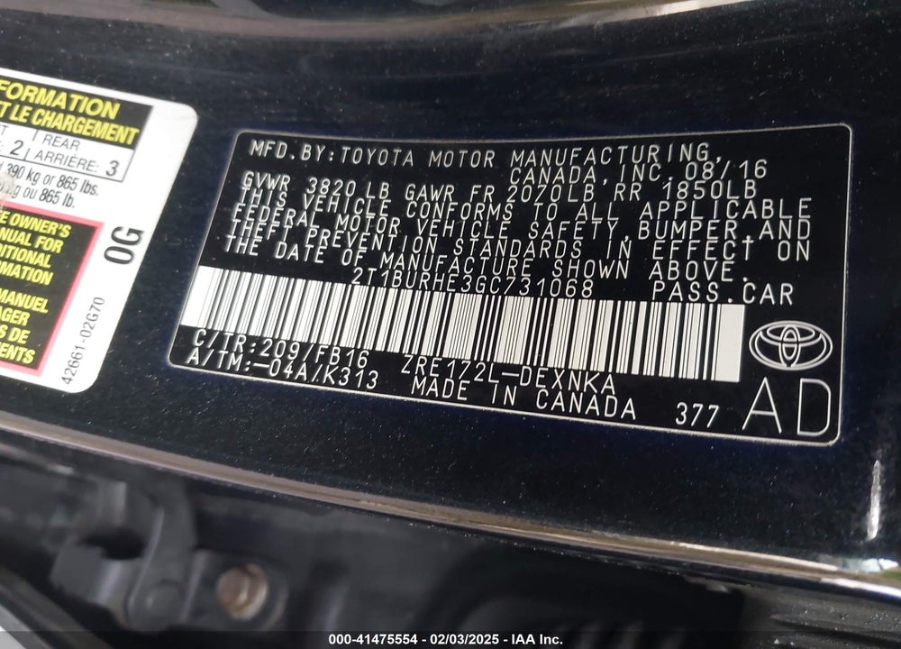 2016 TOYOTA COROLLA VIN: 2T1BURHE3GC731068