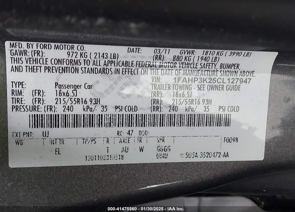 2012 FORD FOCUS VIN: 1FAHP3K25CL127947