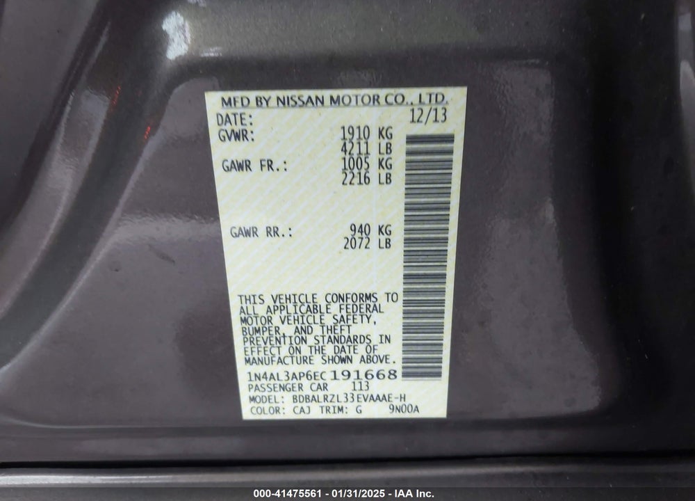 2014 NISSAN ALTIMA VIN: 1N4AL3AP6EC191668
