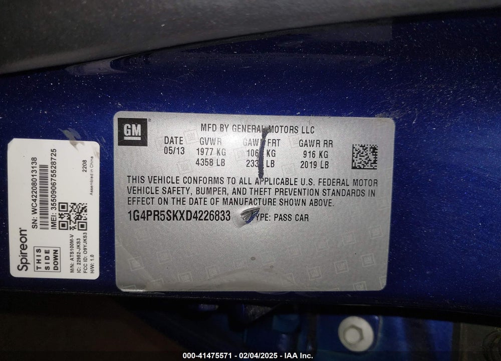 2013 BUICK VERANO CONVENIENCE GROUP VIN: 1G4PR5SKXD4226833