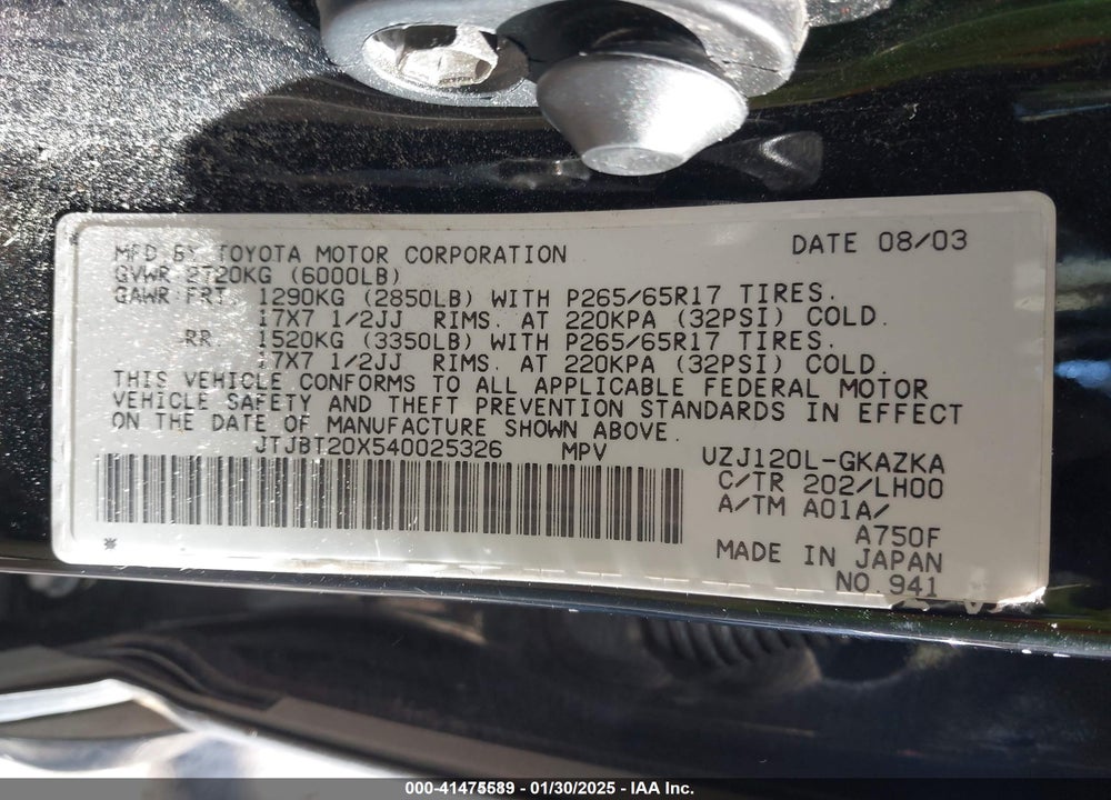 2004 LEXUS GX 470 VIN: JTJBT20X540025326