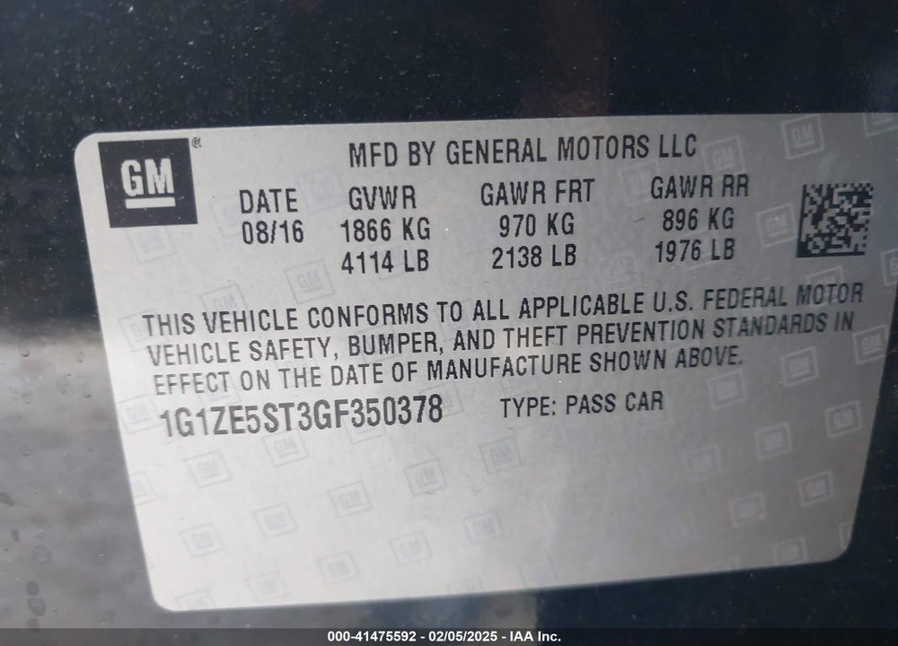 2016 CHEVROLET MALIBU VIN: 1G1ZE5ST3GF350378