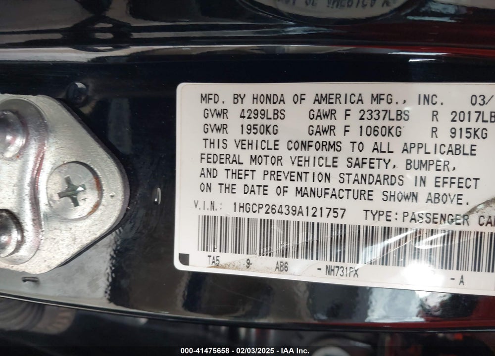 2009 HONDA ACCORD VIN: 1HGCP26439A121757