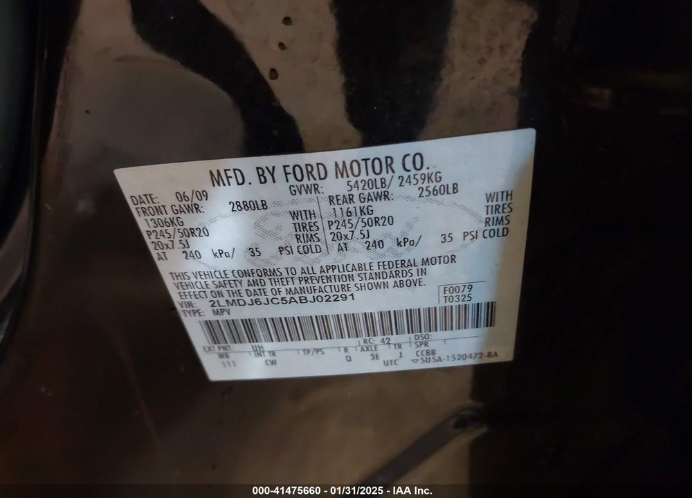 2010 LINCOLN MKX VIN: 2LMDJ6JC5ABJ02291