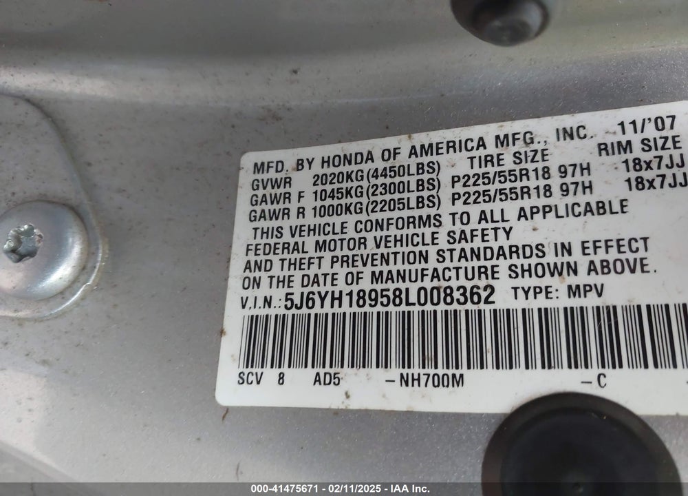 2008 HONDA ELEMENT VIN: 5J6YH18958L008362