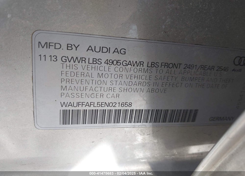 2014 AUDI A4 VIN: WAUFFAFL5EN021658