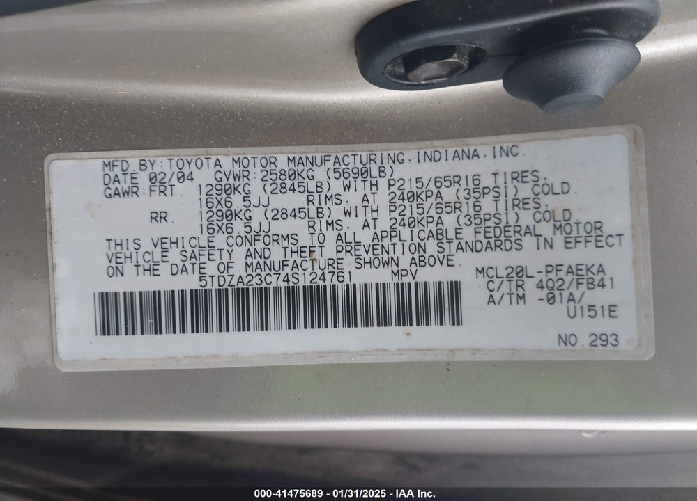 2004 TOYOTA SIENNA CE/LE VIN: 5TDZA23C74S124761