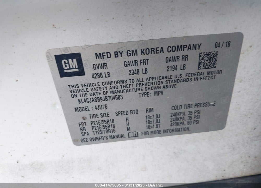 2018 BUICK ENCORE PREFERRED VIN: KL4CJASB9JB704583