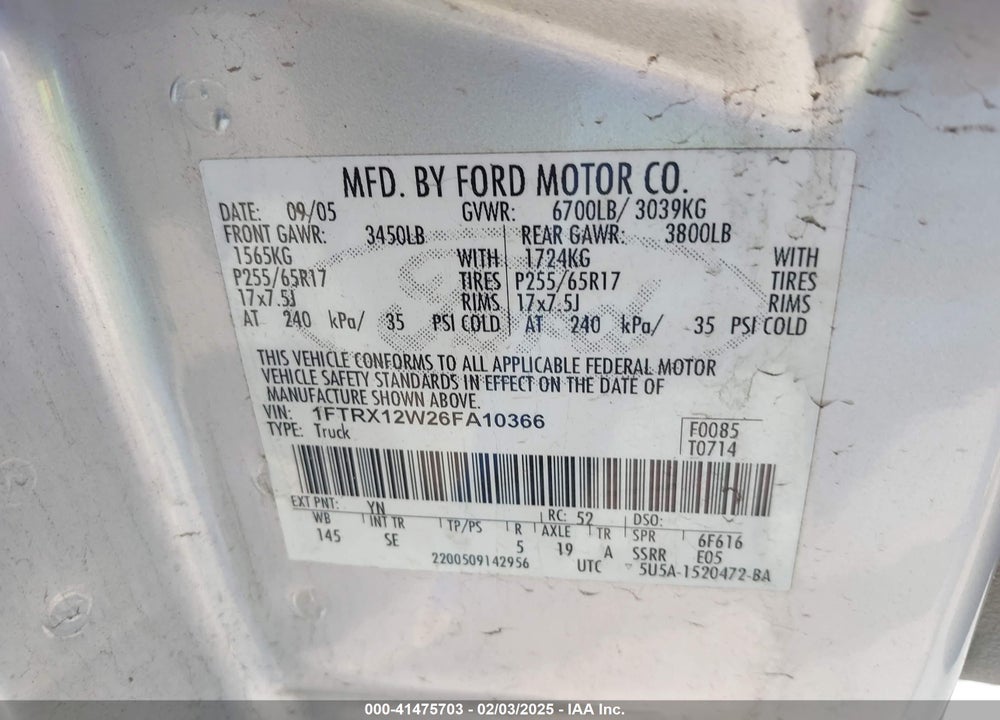 2006 FORD F-150 VIN: 1FTRX12W26FA10366