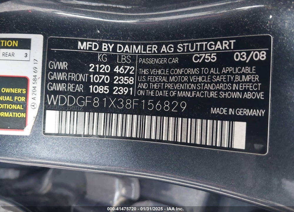 2008 MERCEDES-BENZ C 300 VIN: WDDGF81X38F156829