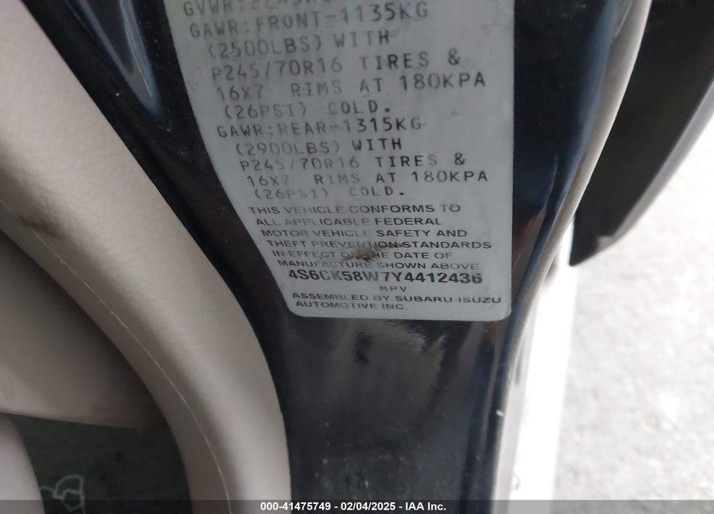 2000 HONDA PASSPORT EX/LX VIN: 4S6CK58W7Y4412436