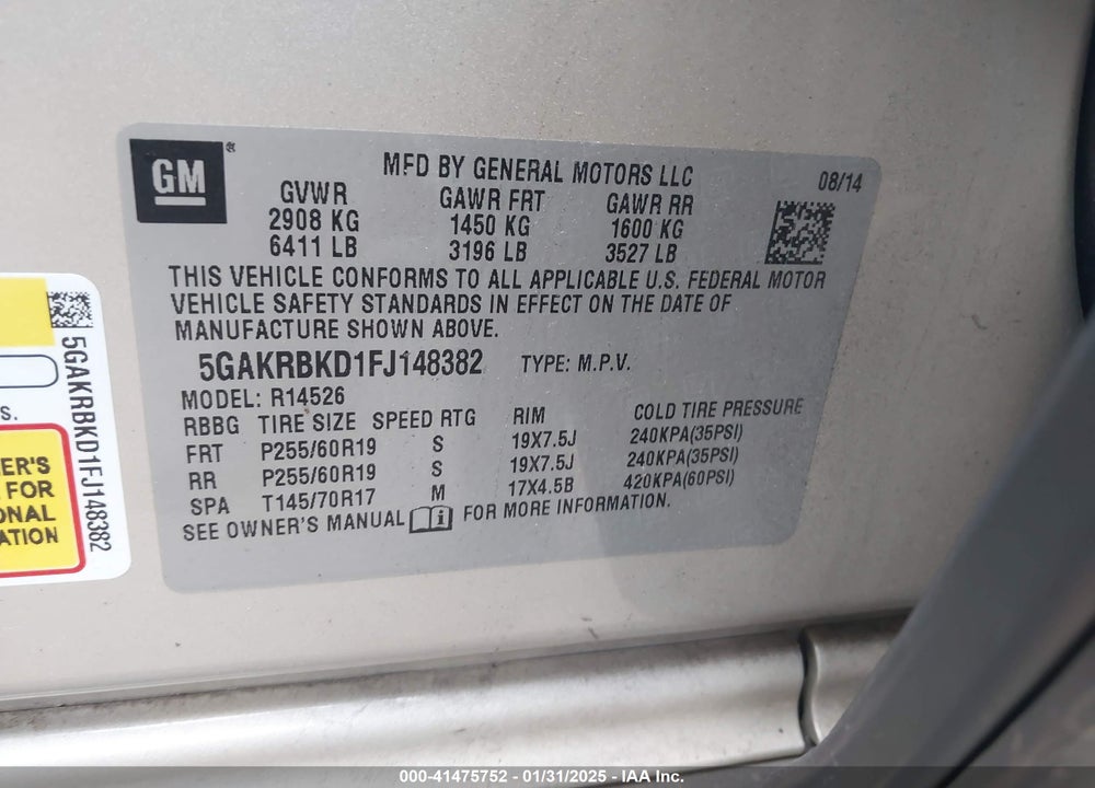 2015 BUICK ENCLAVE LEATHER VIN: 5GAKRBKD1FJ148382