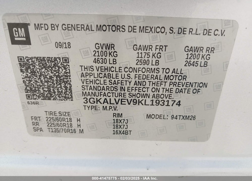 2019 GMC TERRAIN VIN: 3GKALVEV9KL193174