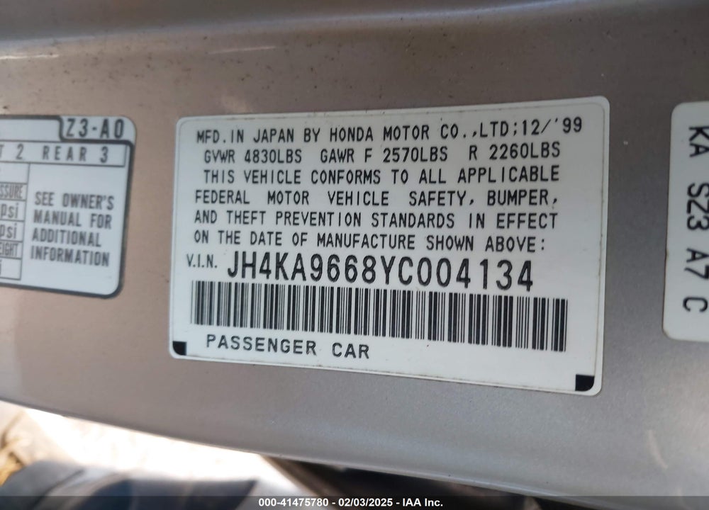 2000 ACURA RL 3.5 VIN: JH4KA9668YC004134