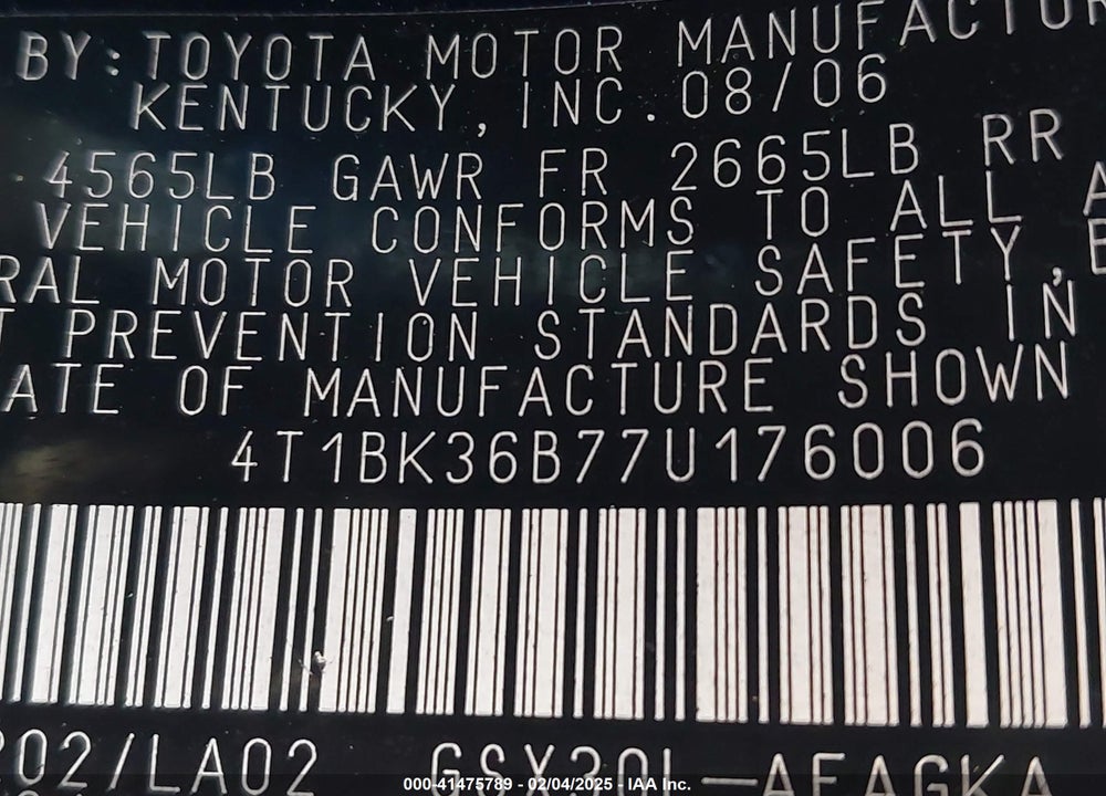 2007 TOYOTA AVALON XLS VIN: 4T1BK36B77U176006