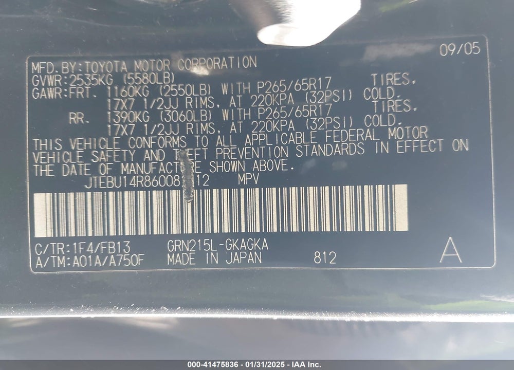 2006 TOYOTA 4RUNNER SR5 SPORT V6 VIN: JTEBU14R860081412