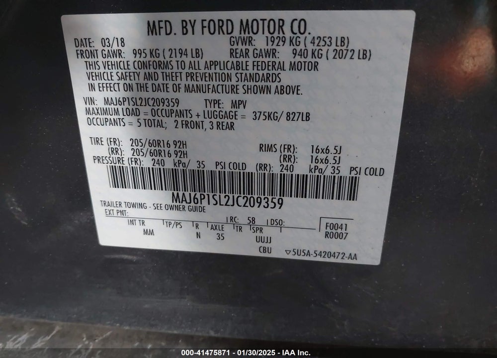 2018 FORD ECOSPORT S VIN: MAJ6P1SL2JC209359