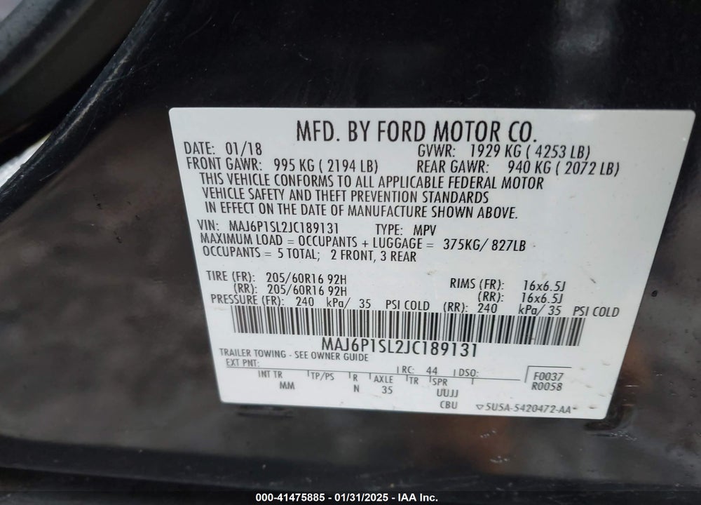2018 FORD ECOSPORT S VIN: MAJ6P1SL2JC189131