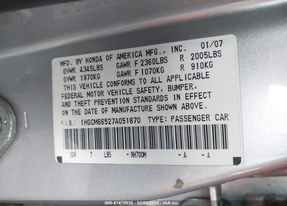 2007 HONDA ACCORD 3.0 EX VIN: 1HGCM66527A051870