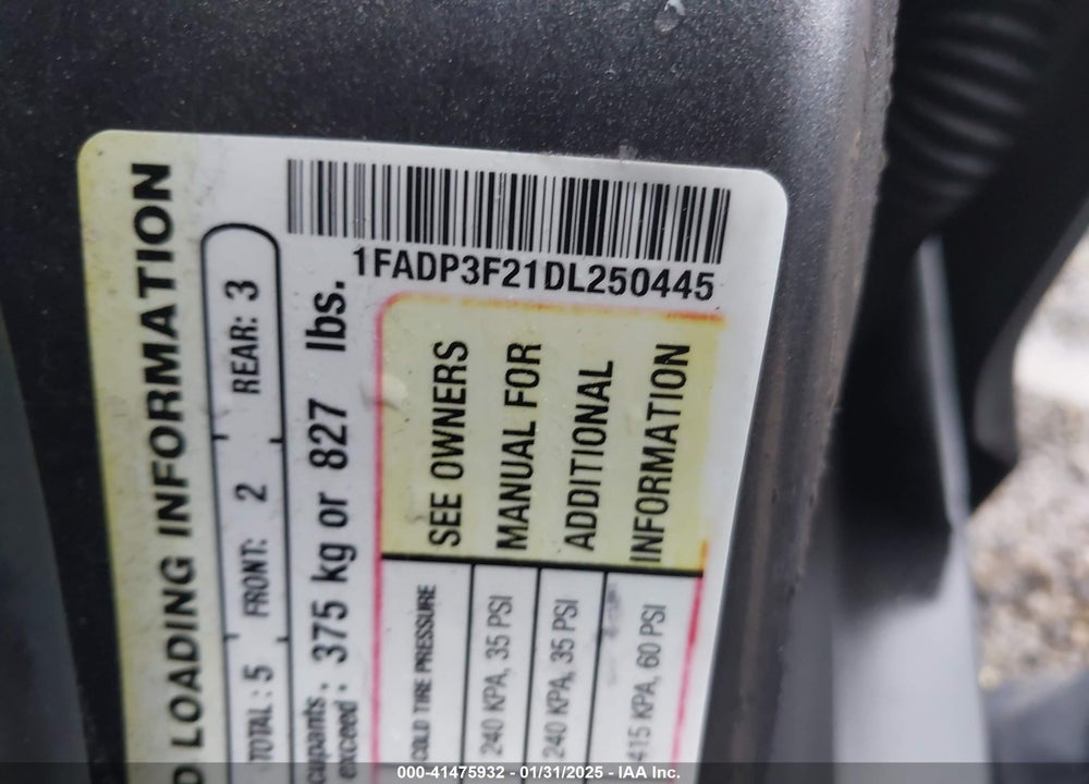 2013 FORD FOCUS VIN: 1FADP3F21DL250445